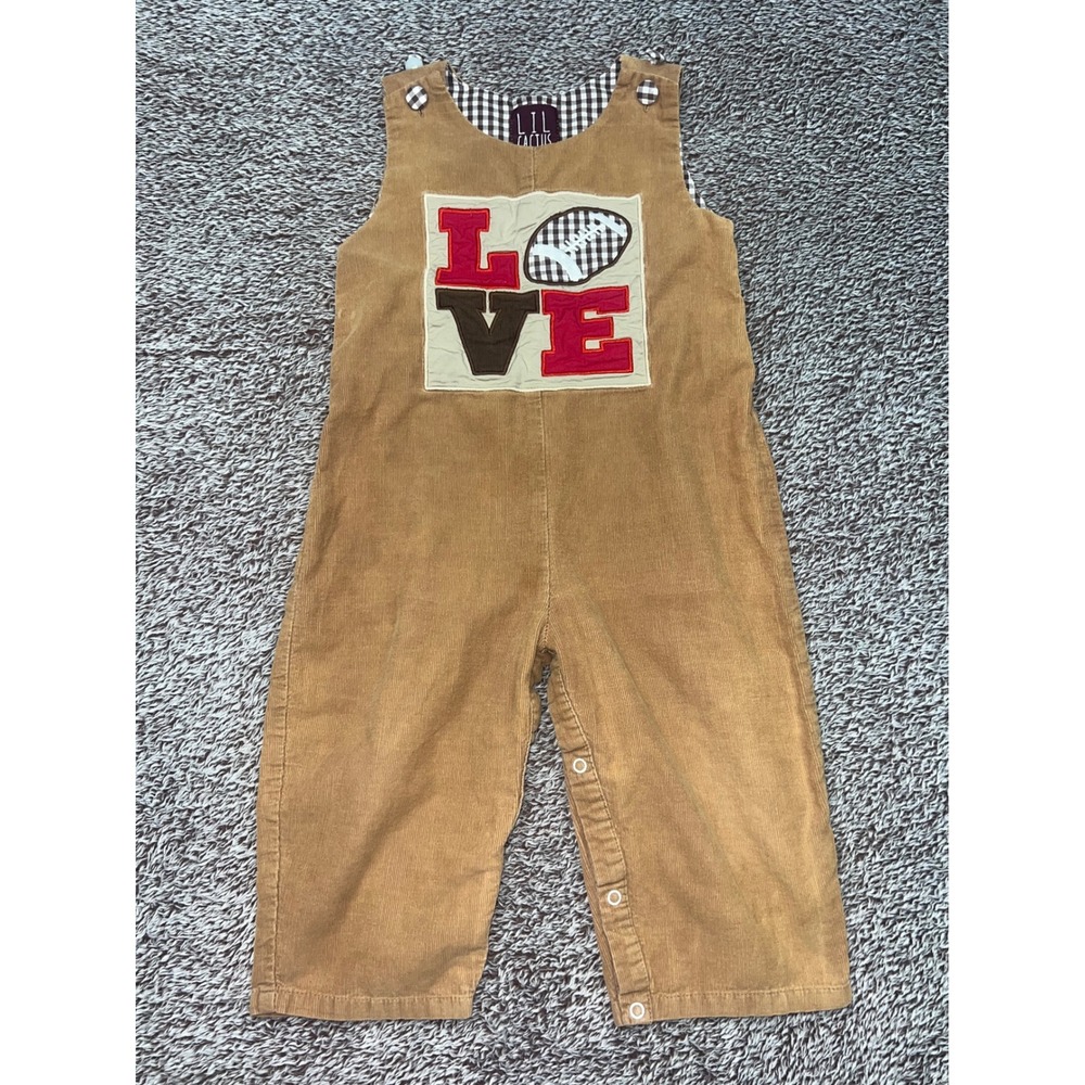Lil Cactus Boys 2T Corduroy Longall Overalls LOVE Football Applique Gingham